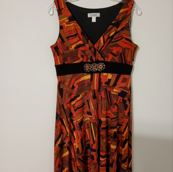 DRESSBARN ORANGE/BLACK FIT & FLARE ASYMMETRICAL SURPLICE SLEEVELES SZ 10 - Picture 6 of 10